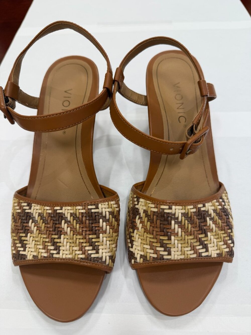 Vionic Clarita Brown Woven Strap Orthotic Wedge Sandals